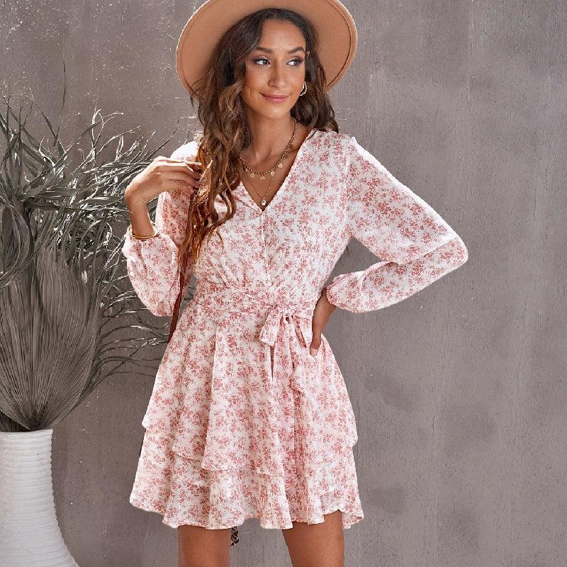 New Arrival Print Fashion Silm Lace-up Long Sleeve Dress-THAT FASHION STORE