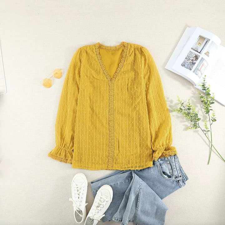 2024 Summer New Arrival Long Sleeves Thin Lace Shirt Women Fashion Loose Pullover Deep V Neck Solid Color Casual T-shirt Tops Women-THAT FASHION STORE