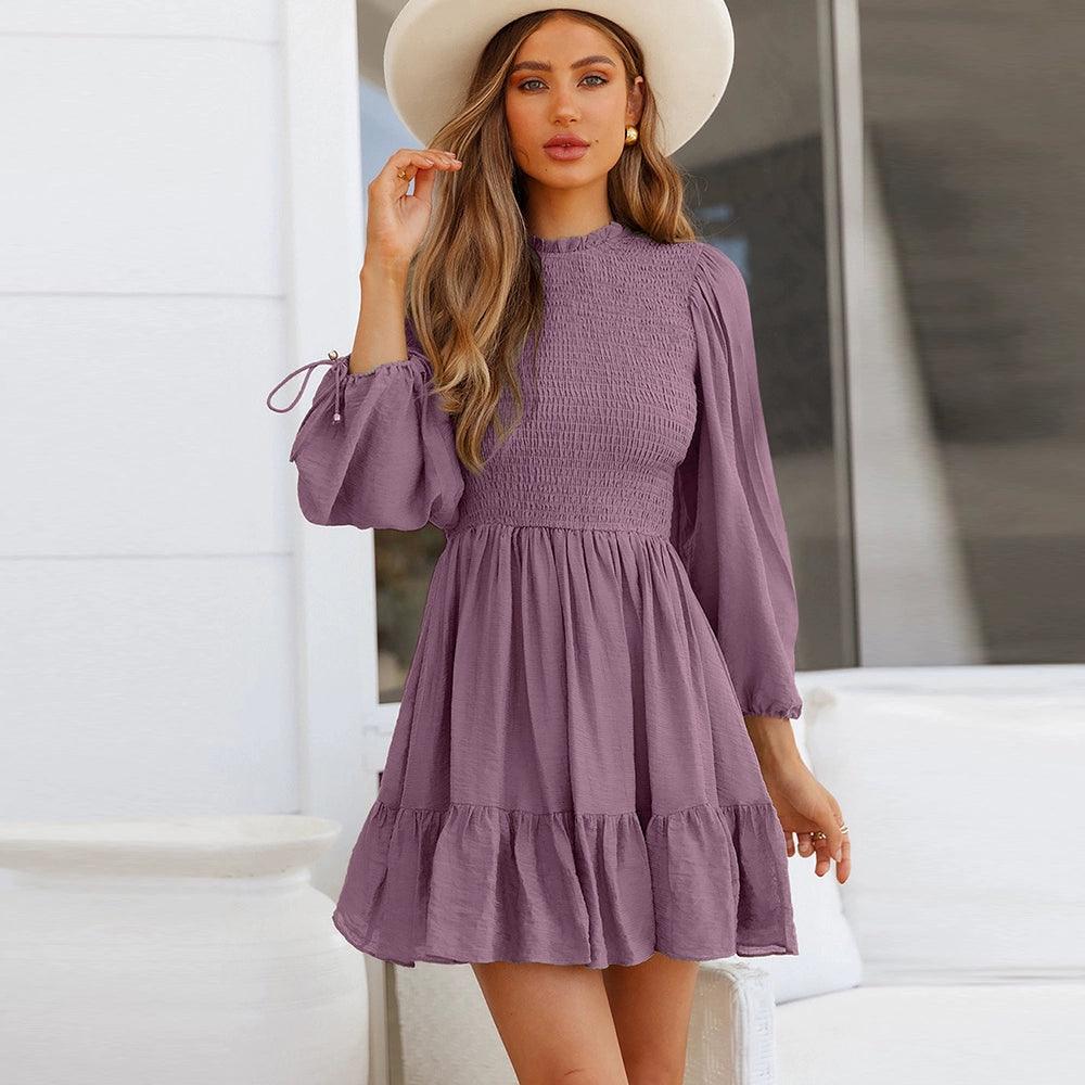 Fashion Smocking Stylish Carrying Strap Knee Length Long Sleeves Dress-THAT FASHION STORE