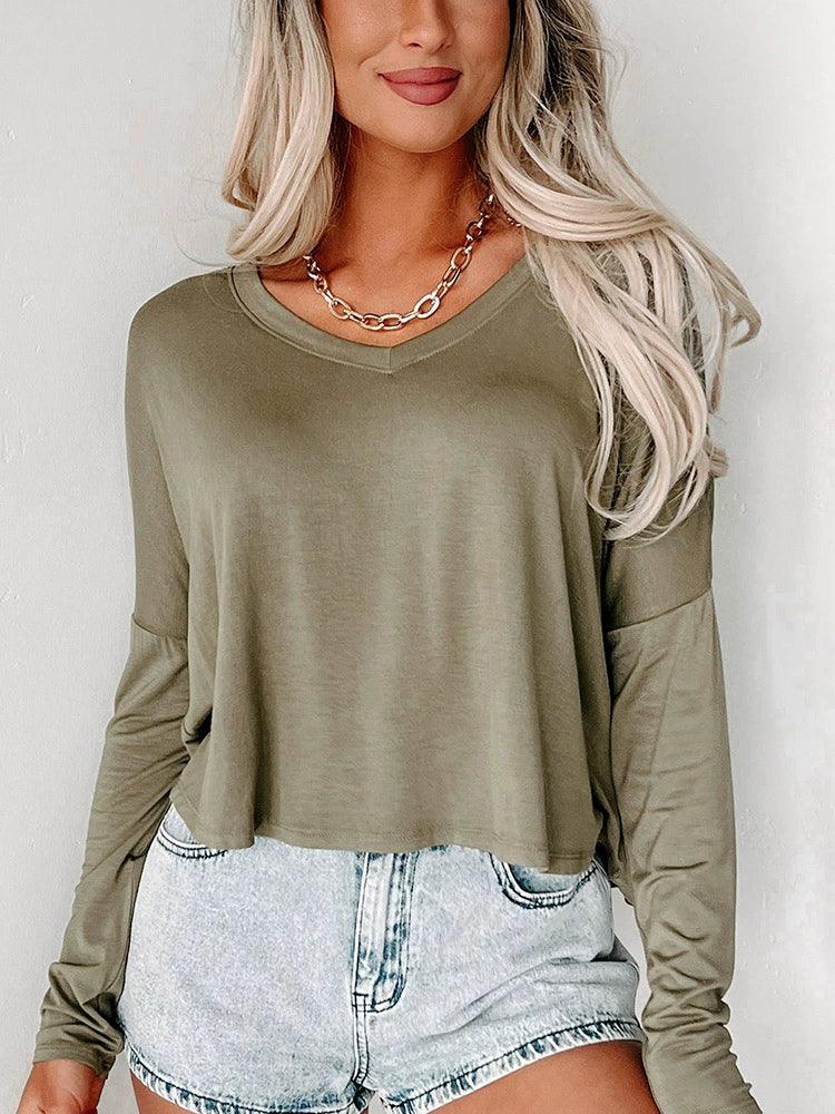 2024 Fall and Winter New V-neck Pullover Long Sleeves T-shirt Female Fashion Pure Color All-Matching Casual Inner Bottoming Shirt Tops-THAT FASHION STORE