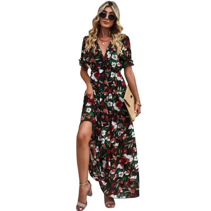 Summer 2024 New Arrival Florals Print Short Sleeve Dress European and American Leisure V-neck Seaside Vacation Style Long Dress for Women-THAT FASHION STORE