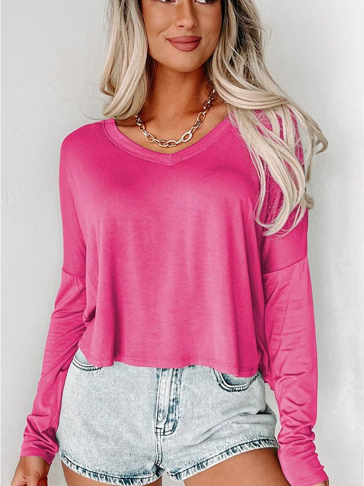 2024 Fall and Winter New V-neck Pullover Long Sleeves T-shirt Female Fashion Pure Color All-Matching Casual Inner Bottoming Shirt Tops-THAT FASHION STORE