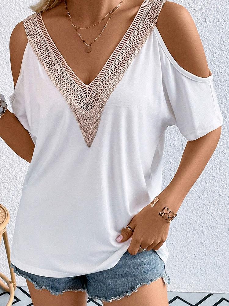 Strapless Sexy Chiffon Tops Fashion V Neck T-shirt Short Sleeve-THAT FASHION STORE