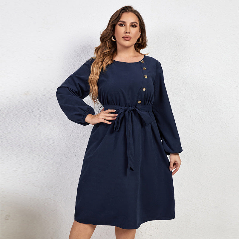 High Waist Lace-Up Blue Dress for Women with Round Neck and Long Sleeves - THAT FASHION STORE