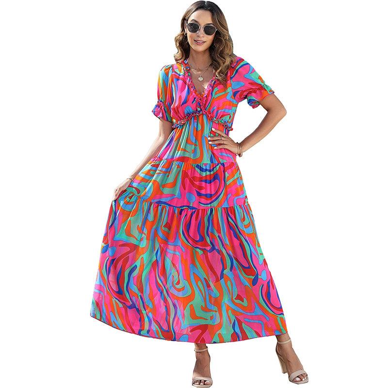 Summer 2024 New Arrival Florals Print Short Sleeve Dress European and American Leisure V-neck Seaside Vacation Style Long Dress for Women-THAT FASHION STORE