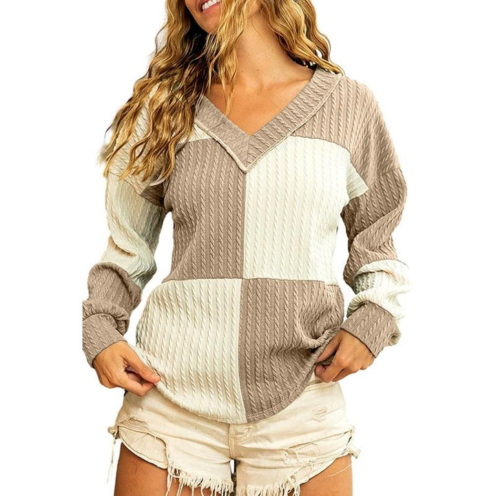 Fall 2024 New Arrival Pullover V-neck Women's Knitted Sweater Fashion Loose Casual Style Color Matching Long Sleeves Tops Women-THAT FASHION STORE