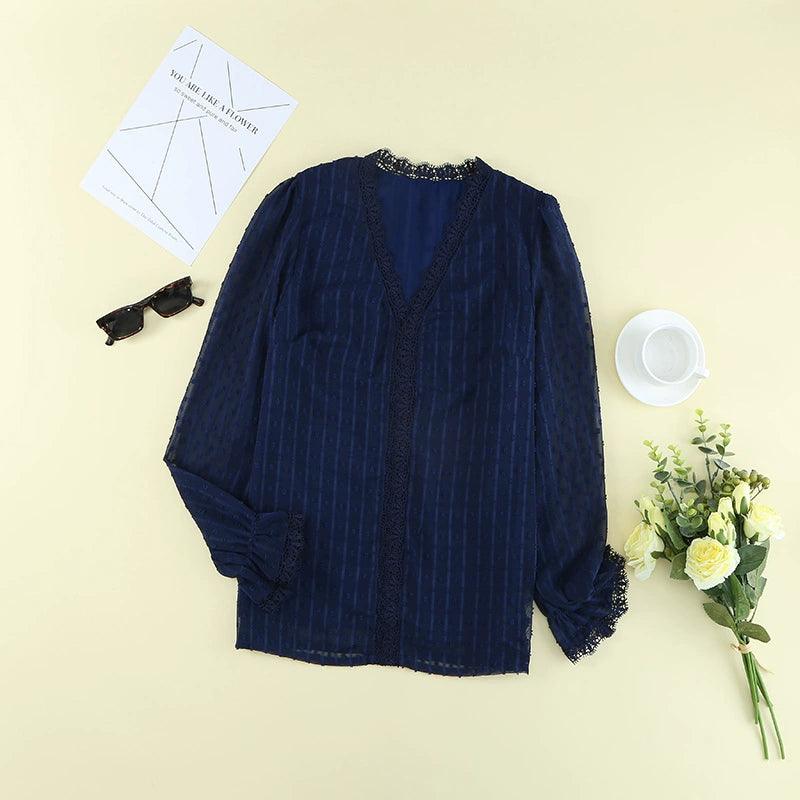 2024 Summer New Arrival Long Sleeves Thin Lace Shirt Women Fashion Loose Pullover Deep V Neck Solid Color Casual T-shirt Tops Women-THAT FASHION STORE