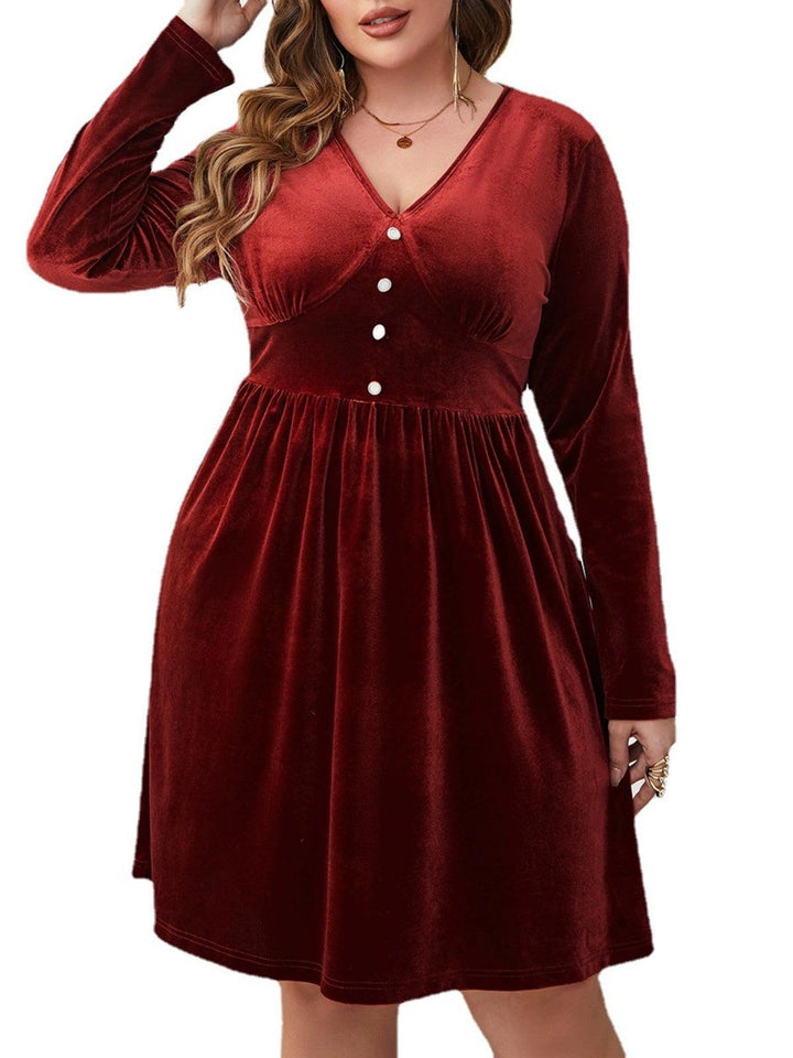 Women plus Size Dress plus Size Dark Red V-neck Slimming High Waist Long Sleeves Dress-THAT FASHION STORE