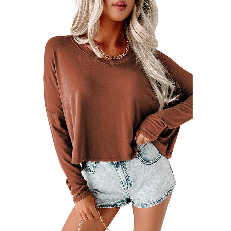 2024 Fall and Winter New V-neck Pullover Long Sleeves T-shirt Female Fashion Pure Color All-Matching Casual Inner Bottoming Shirt Tops-THAT FASHION STORE