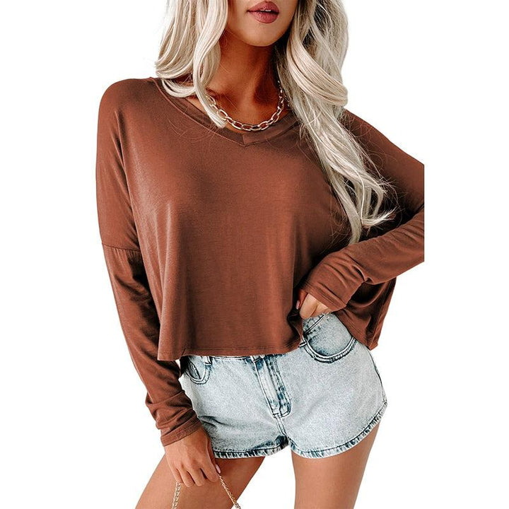 2024 Fall and Winter New V-neck Pullover Long Sleeves T-shirt Female Fashion Pure Color All-Matching Casual Inner Bottoming Shirt Tops-THAT FASHION STORE