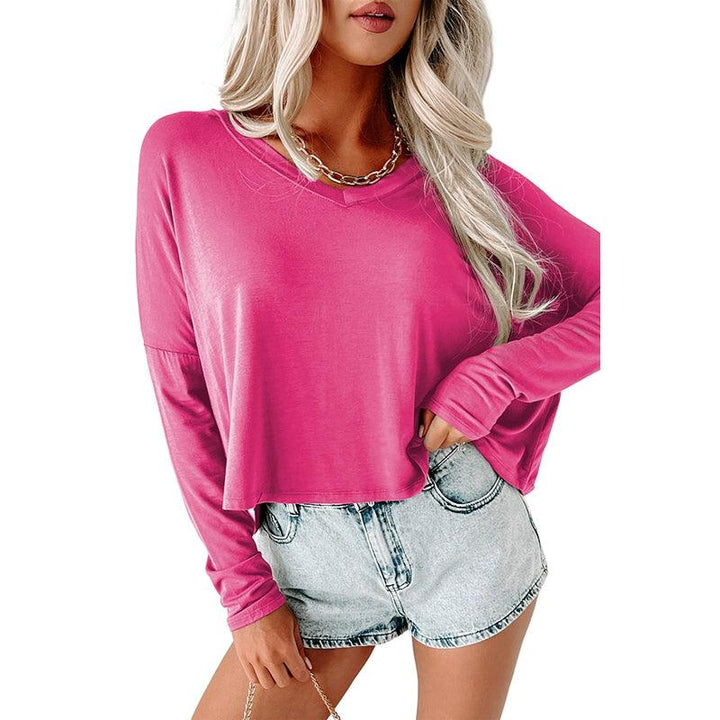 2024 Fall and Winter New V-neck Pullover Long Sleeves T-shirt Female Fashion Pure Color All-Matching Casual Inner Bottoming Shirt Tops-THAT FASHION STORE