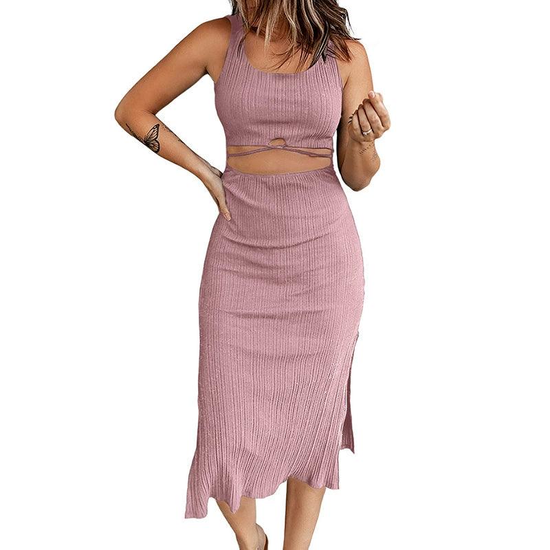 Clearance Special Offer Summer Thin Pullover Hollow Dress Women's European and American Sexy Slim-Fit Sleeveless Slit Midi Dress for Women-THAT FASHION STORE