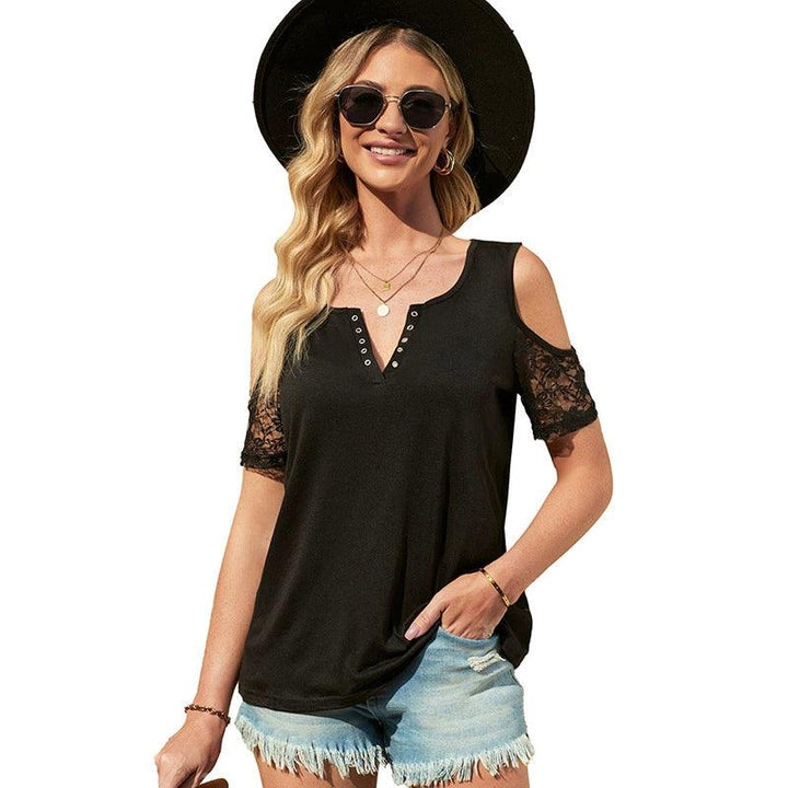 Summer New Arrival Lace Short Sleeve Tops Women Best Seller in Europe and America Black Slim-Fitting Simple Short Sleeve T-shirt Pullover Women-THAT FASHION STORE