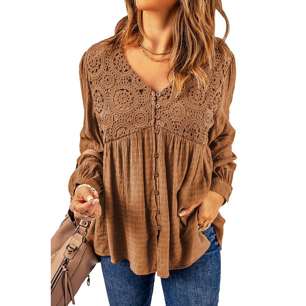 Fall 2024 New Brown Lace Crochet Shirt Women Fashion Style Fashion Button V Neck Little-Girl Style Clothes Tops Women-THAT FASHION STORE