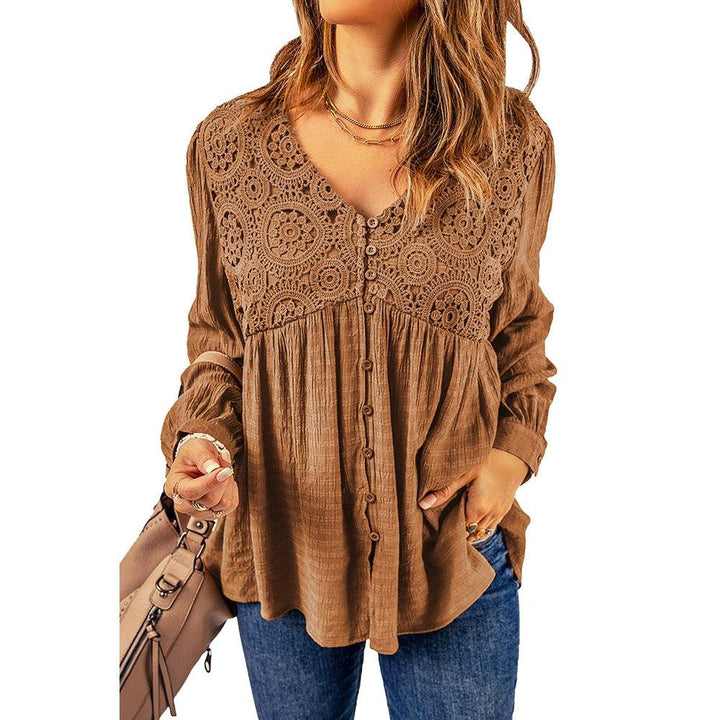 Fall 2024 New Brown Lace Crochet Shirt Women Fashion Style Fashion Button V Neck Little-Girl Style Clothes Tops Women-THAT FASHION STORE