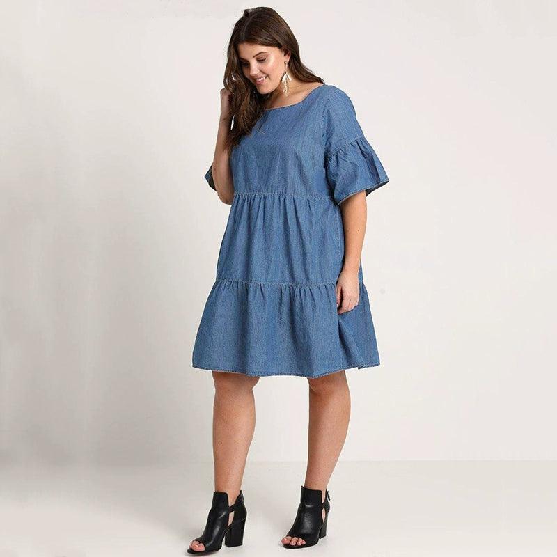 New Spring and Summer New Fashion plus Size Plus Size Ladies Loose Denim Dress Loose-Fit Lotus Leaf Sleeve A- line Dress-THAT FASHION STORE