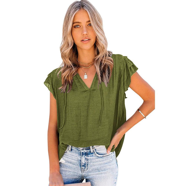 Loose V-neck Casual Pure Color Pullover Short Sleeve Tops-THAT FASHION STORE