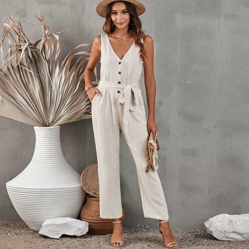 Lace-up Waist-Controlled Solid Color European and American Deep V-neck Slim-Fit Jumpsuit-THAT FASHION STORE