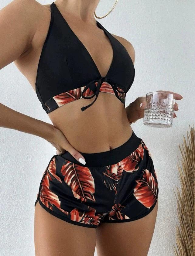 European and American New Hot Spring Swimsuit Lotus Leaf Print Shorts Split Swimsuit than Three-Piece Suit Bikinis Bikini-THAT FASHION STORE