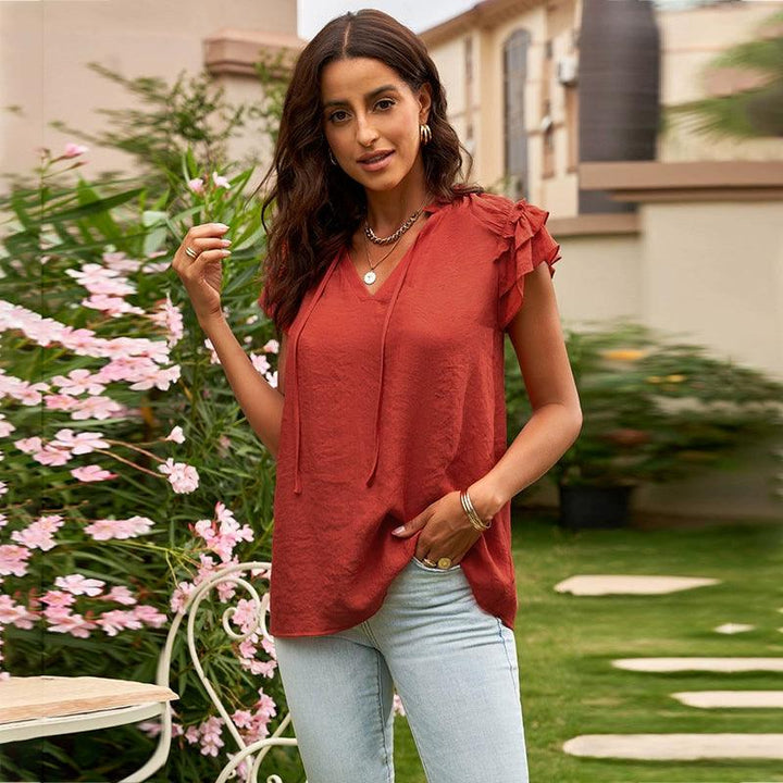 Loose V-neck Casual Pure Color Pullover Short Sleeve Tops-THAT FASHION STORE