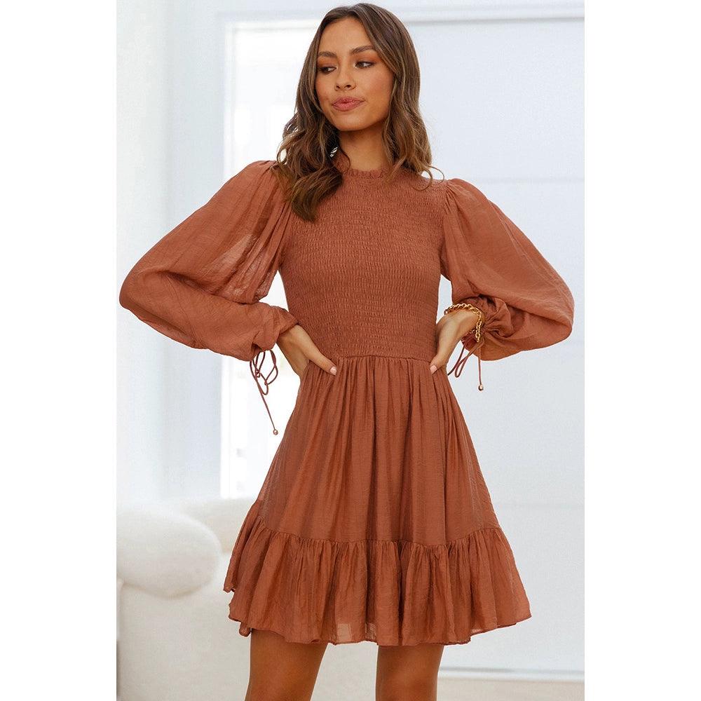 Fashion Smocking Stylish Carrying Strap Knee Length Long Sleeves Dress-THAT FASHION STORE