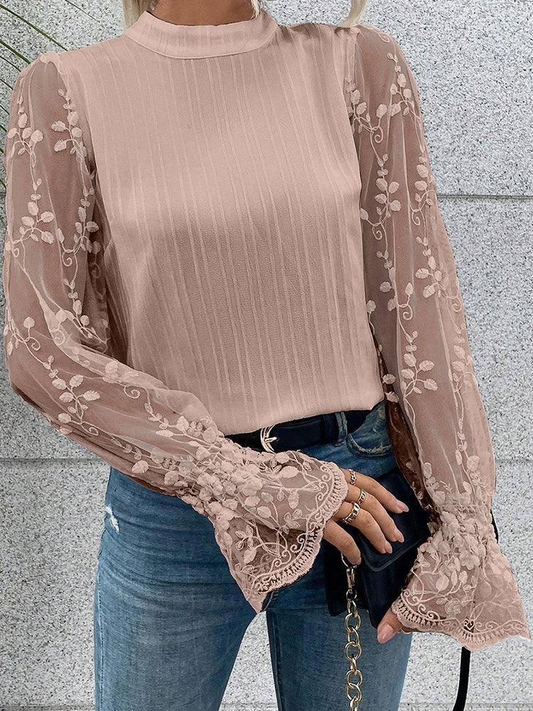 Fashion Long Sleeves Gauzy Chiffon Blouse Thin 2024 Summer New Arrival Stylish Easiest for Match Women's round Neck Pullover Tops-THAT FASHION STORE