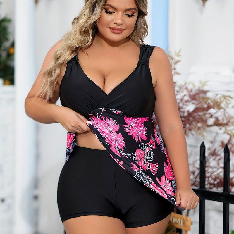 Printed Plus Size Two-piece Swimsuit Ladies Conservative Bathing Suit-THAT FASHION STORE