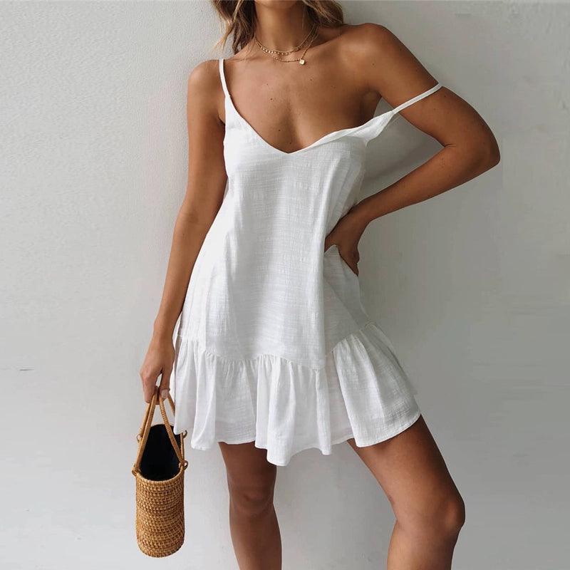 Women Ruffle Sexy Party Sundress Cotton Linen Open Back Female Dress-THAT FASHION STORE