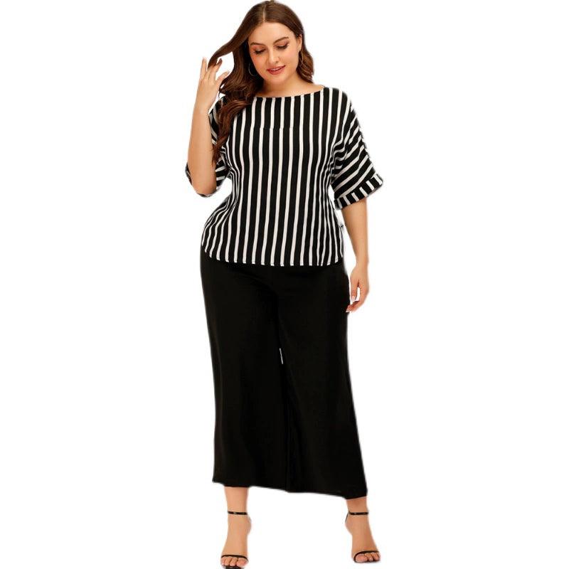 Summer Large Size Striped Wide-Leg Pants Top-THAT FASHION STORE