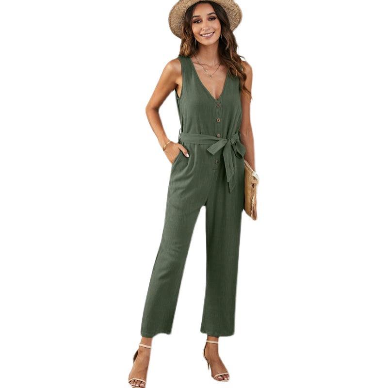 Lace-up Waist-Controlled Solid Color European and American Deep V-neck Slim-Fit Jumpsuit-THAT FASHION STORE