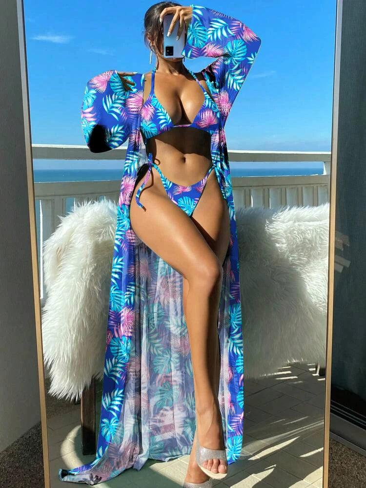 European and American Sexy Bikini Three-Piece Set Printed Lace up Separates Swimsuit Suit Long Cape Bikini Swimsuit-THAT FASHION STORE