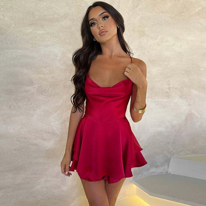 Outfitgirl Fashion Sexy Wind Satin Sling Open Back Tied Dress Small Slim Looking Cinched Short Dress-THAT FASHION STORE