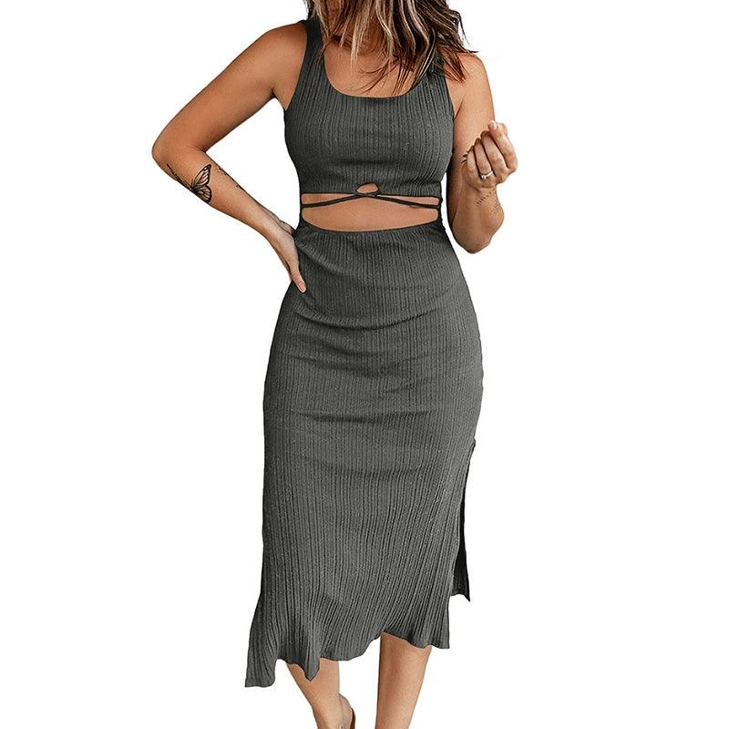 Clearance Special Offer Summer Thin Pullover Hollow Dress Women's European and American Sexy Slim-Fit Sleeveless Slit Midi Dress for Women-THAT FASHION STORE