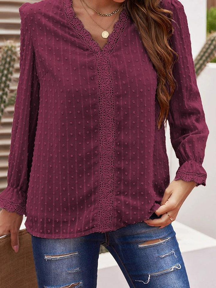 2024 Summer New Arrival Long Sleeves Thin Lace Shirt Women Fashion Loose Pullover Deep V Neck Solid Color Casual T-shirt Tops Women-THAT FASHION STORE