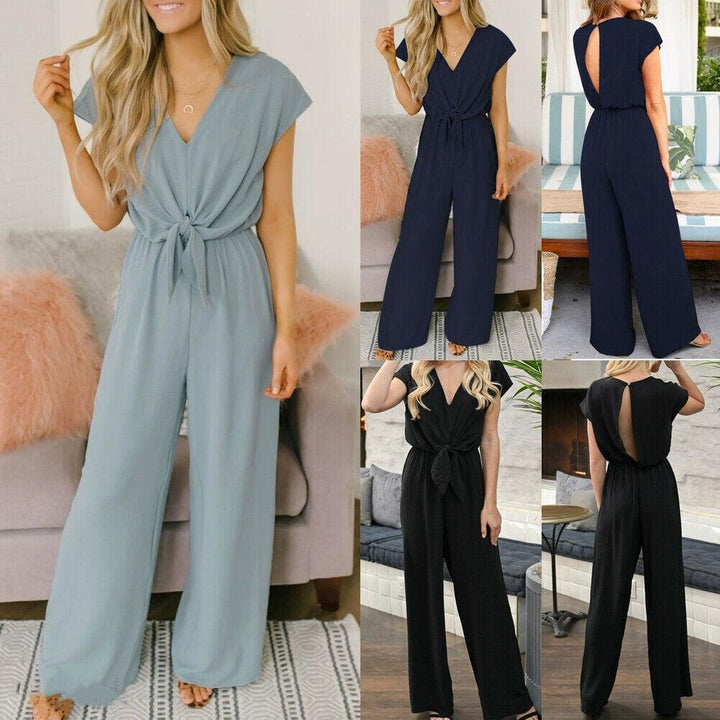 Solid Backless V-Neck Party Jumpsuit Fashionable All-Match V-neck Wide-Leg Trousers-THAT FASHION STORE