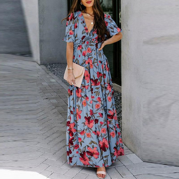 Summer 2024 New Arrival Florals Print Short Sleeve Dress European and American Leisure V-neck Seaside Vacation Style Long Dress for Women-THAT FASHION STORE