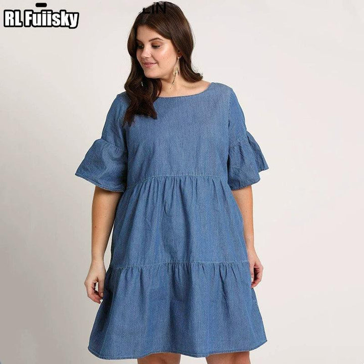 New Spring and Summer New Fashion plus Size Plus Size Ladies Loose Denim Dress Loose-Fit Lotus Leaf Sleeve A- line Dress-THAT FASHION STORE