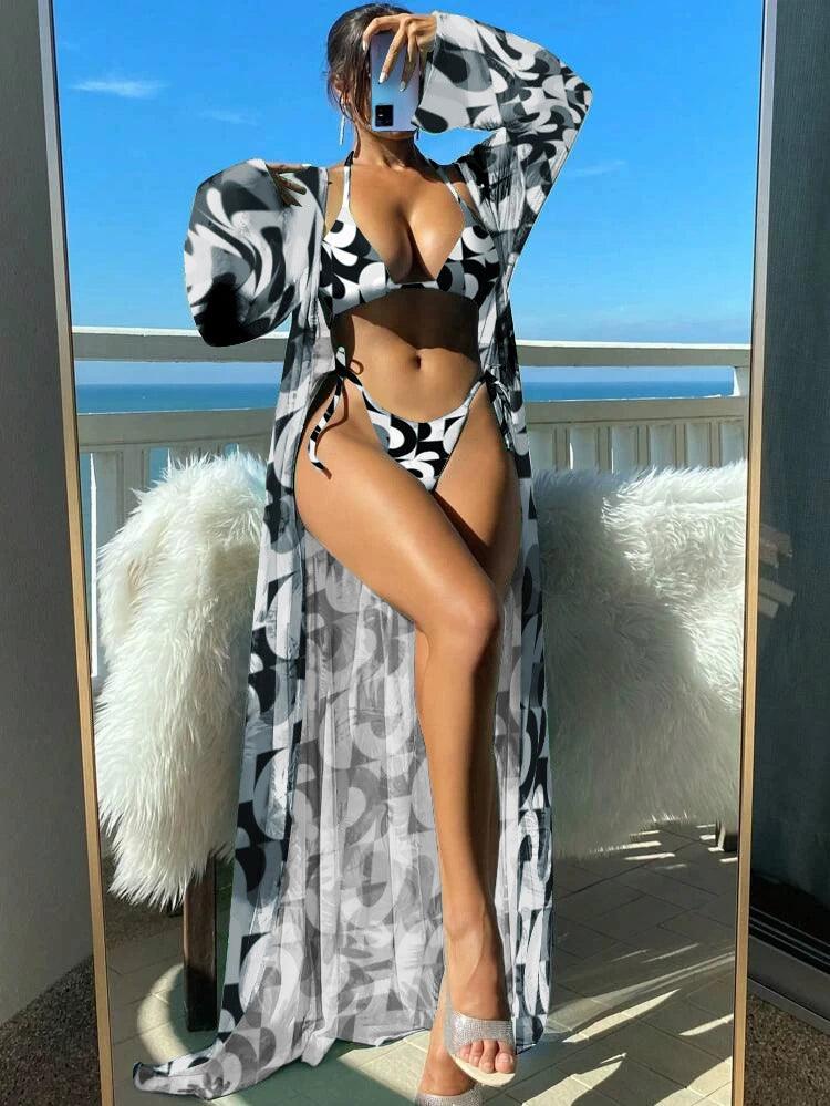 European and American Sexy Bikini Three-Piece Set Printed Lace up Separates Swimsuit Suit Long Cape Bikini Swimsuit-THAT FASHION STORE