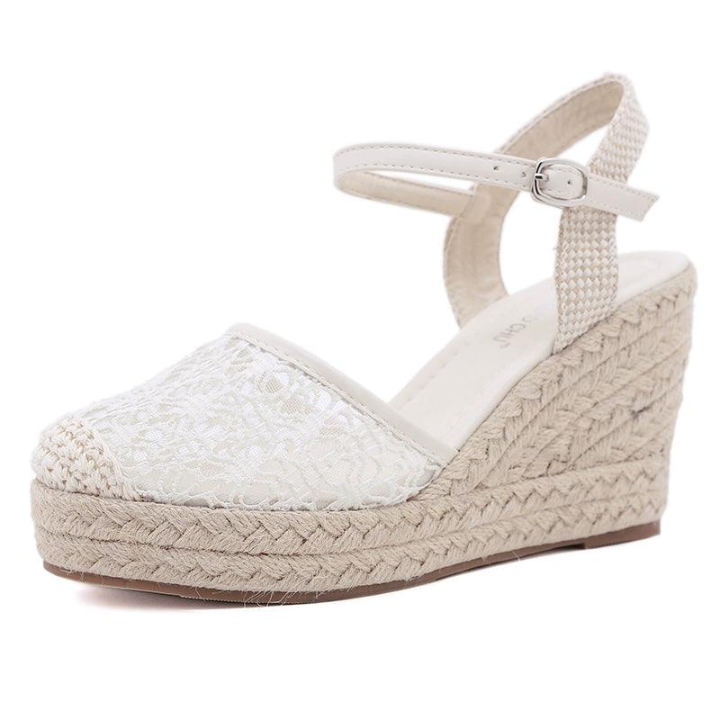 Breathable Mesh Straw Woven Fairy Style Closed Toe Linen Bottom Lace-THAT FASHION STORE