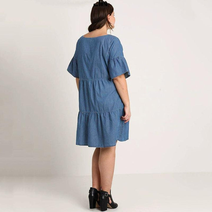 New Spring and Summer New Fashion plus Size Plus Size Ladies Loose Denim Dress Loose-Fit Lotus Leaf Sleeve A- line Dress-THAT FASHION STORE