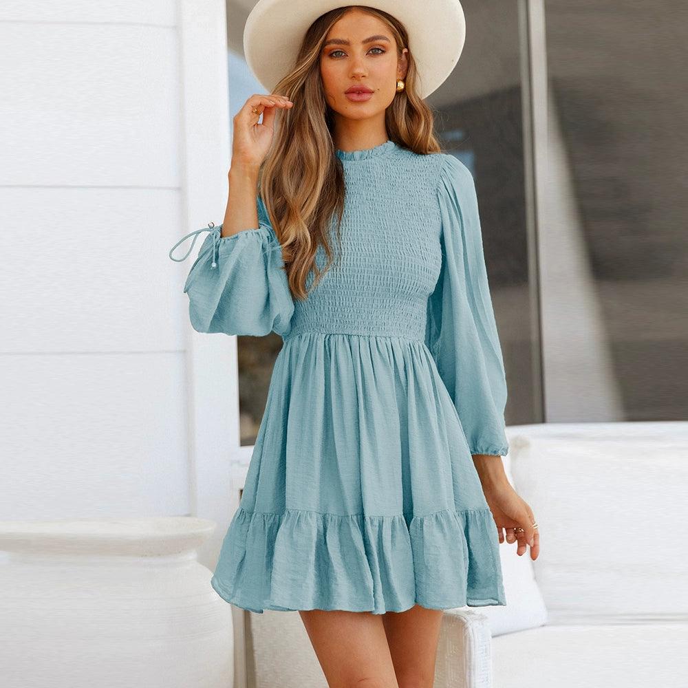 Fashion Smocking Stylish Carrying Strap Knee Length Long Sleeves Dress-THAT FASHION STORE