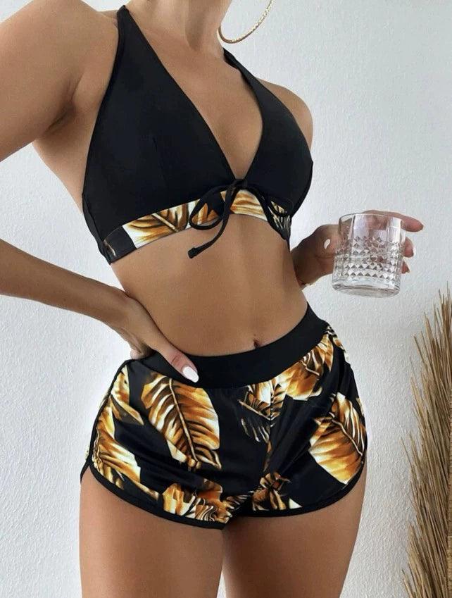 European and American New Hot Spring Swimsuit Lotus Leaf Print Shorts Split Swimsuit than Three-Piece Suit Bikinis Bikini-THAT FASHION STORE