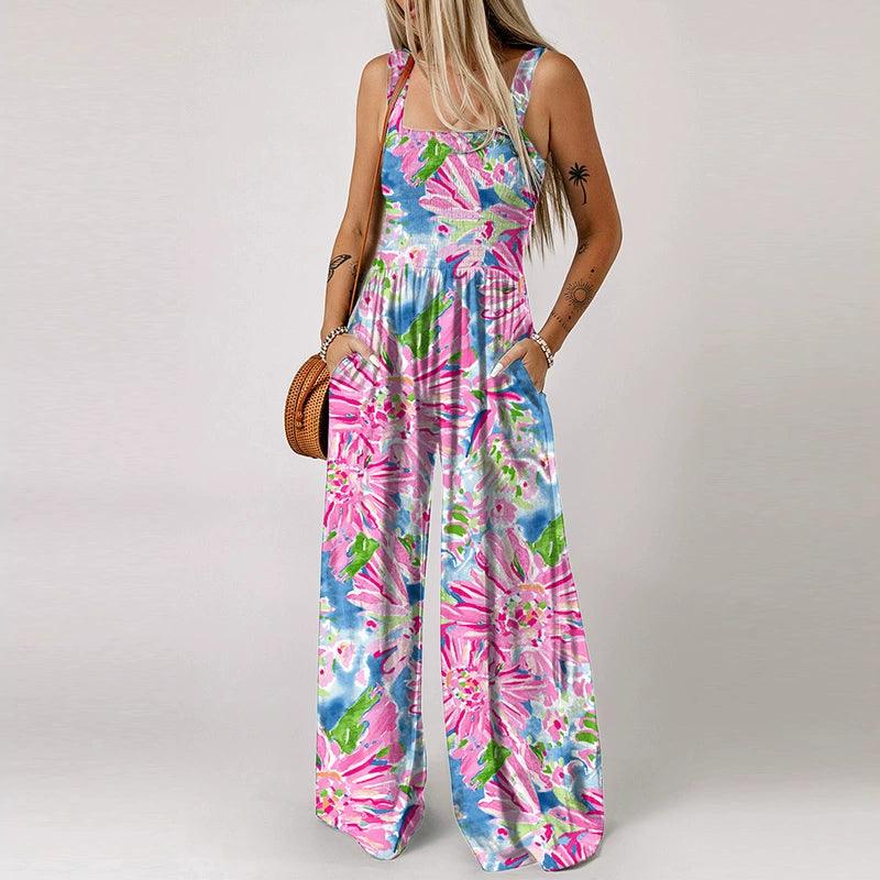 Fashion Smocking Thin Print High Waist Jumpsuit-THAT FASHION STORE