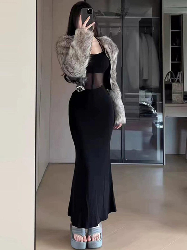 Weird Girl French Style Socialite Style Vintage Velvet Long Sleeve Dress Chic Elegant Mesh See-through Fishtail Skirt-THAT FASHION STORE