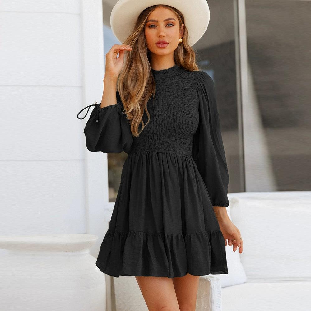 Fashion Smocking Stylish Carrying Strap Knee Length Long Sleeves Dress-THAT FASHION STORE