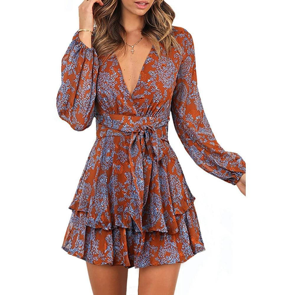 New Arrival Print Fashion Silm Lace-up Long Sleeve Dress-THAT FASHION STORE