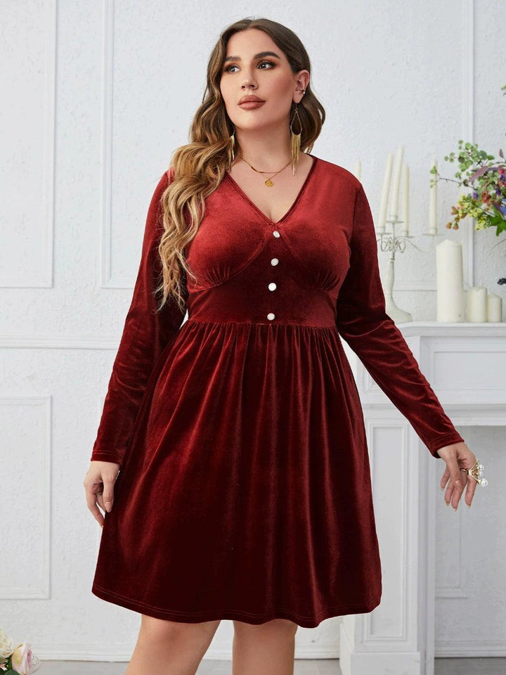 Women plus Size Dress plus Size Dark Red V-neck Slimming High Waist Long Sleeves Dress-THAT FASHION STORE