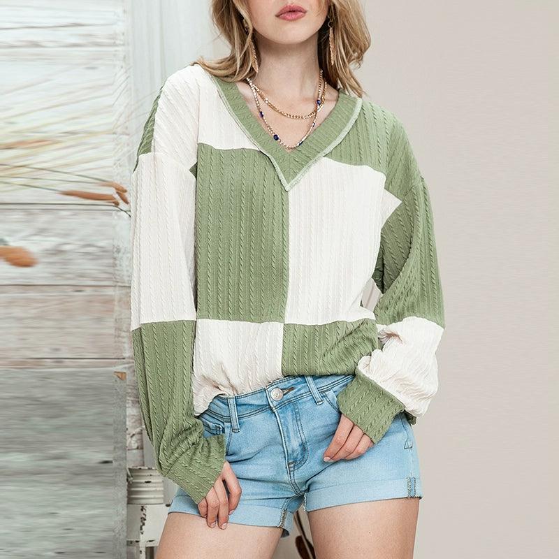 Fall 2024 New Arrival Pullover V-neck Women's Knitted Sweater Fashion Loose Casual Style Color Matching Long Sleeves Tops Women-THAT FASHION STORE