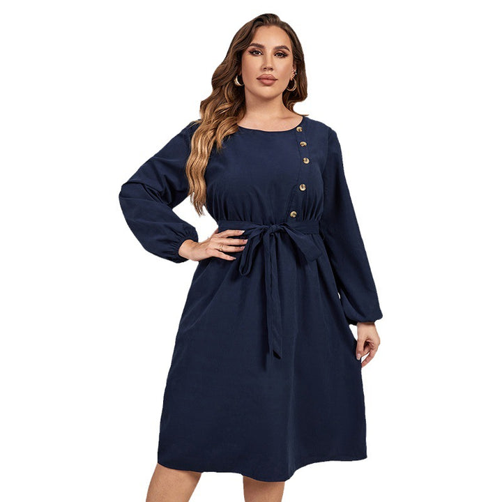 High Waist Lace-Up Blue Dress for Women with Round Neck and Long Sleeves - THAT FASHION STORE