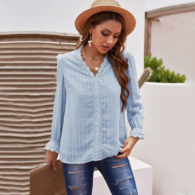 2024 Summer New Arrival Long Sleeves Thin Lace Shirt Women Fashion Loose Pullover Deep V Neck Solid Color Casual T-shirt Tops Women-THAT FASHION STORE